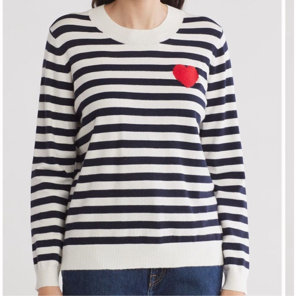 Bobeau navy/white striped embroidered heart pullover sweater size XS NWT